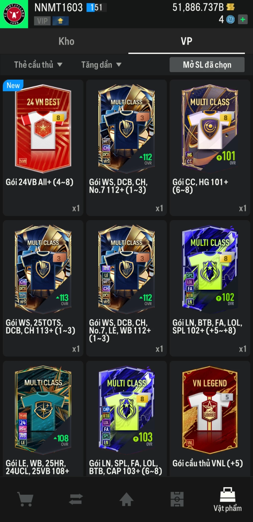 Ảnh ACC mở thẻ (LOẠI SVIP PROMAX) bao gồm có thẻ +12, Thẻ PRIME(QH+, CP+, XS+) và hơn 1500+ đến 1700+ thẻ cầu thủ từ Siêu sao đến Miền núi các loại. Acc có sẵn BP trắng từ 50.000 tỷ BP đến 62.000 tỷ BP